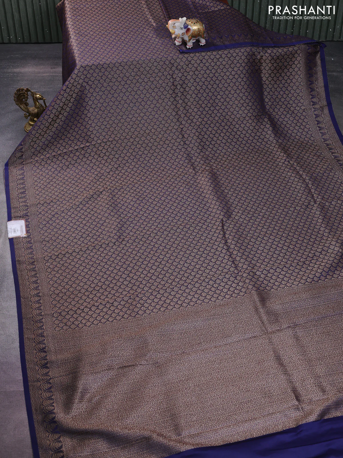 Banarasi semi crepe saree blue with allover thread & zari woven brocade weaves and woven border - Image 2