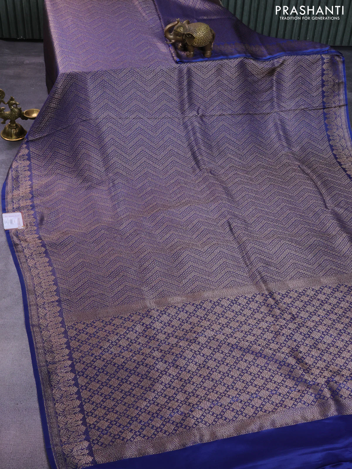 Banarasi semi crepe saree blue with allover thread & zari woven brocade weaves and woven border - Image 2