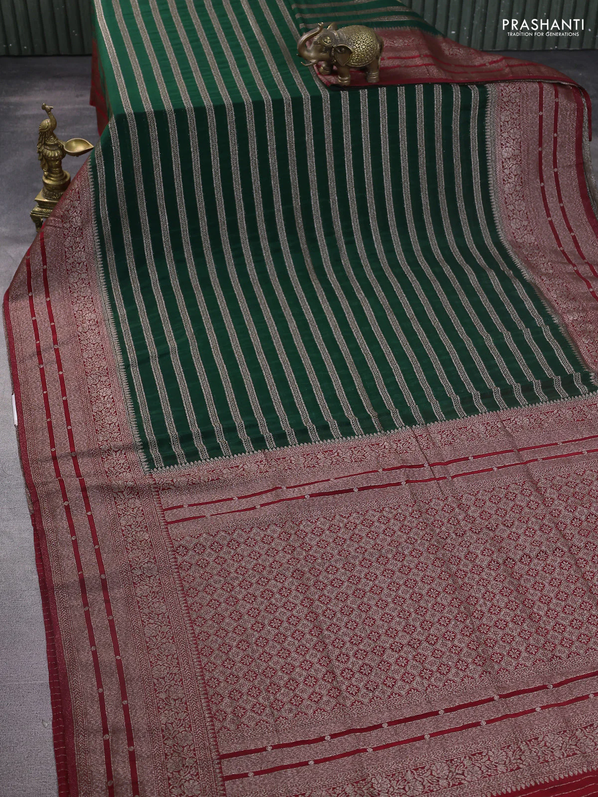 Banarasi semi crepe saree bottle green and maroon with allover zari weaves and long zari woven border - Image 2