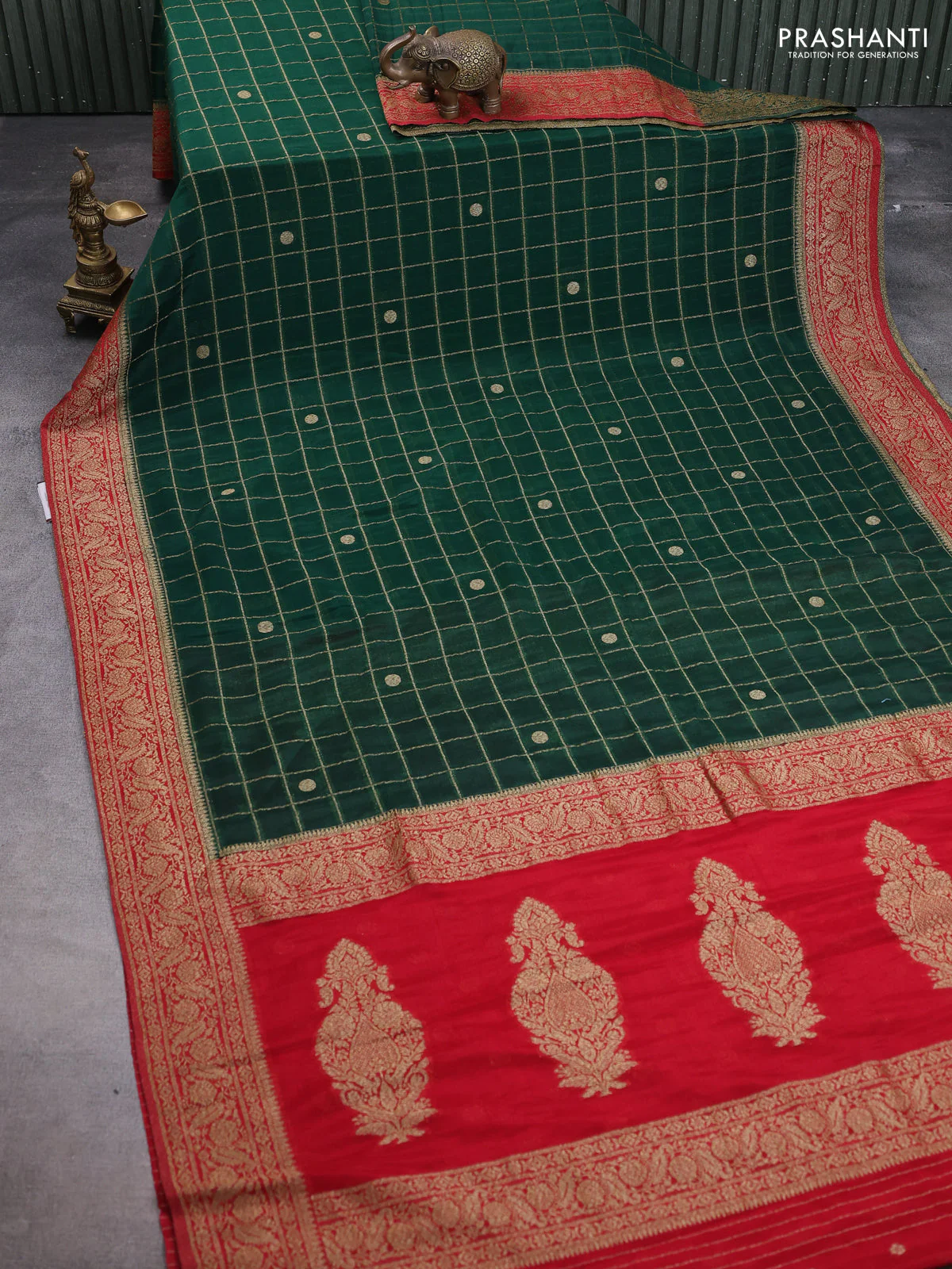 Banarasi semi crepe saree bottle green and red with allover zari checks & buttas and zari woven border - Image 2