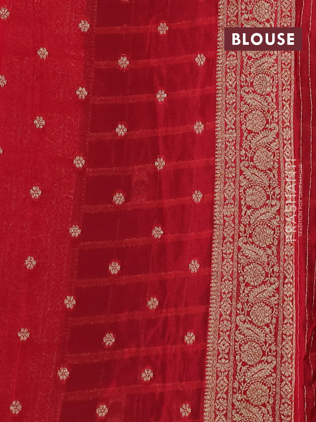 Banarasi semi crepe saree bottle green and red with allover zari checks & buttas and zari woven border - Image 3
