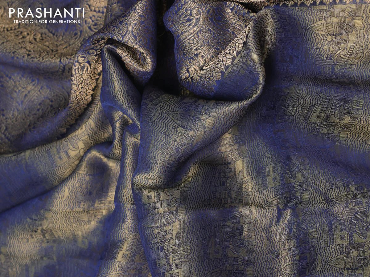 Banarasi semi crepe saree dual shade of peacock blue with allover zari woven brocade weaves and lace work border - Image 3