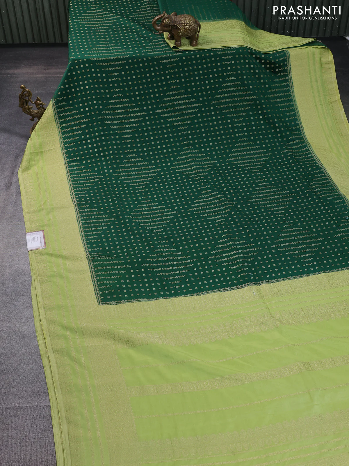 Banarasi semi crepe saree green and pista green with allover zari woven butta weaves and zari woven border - Image 2