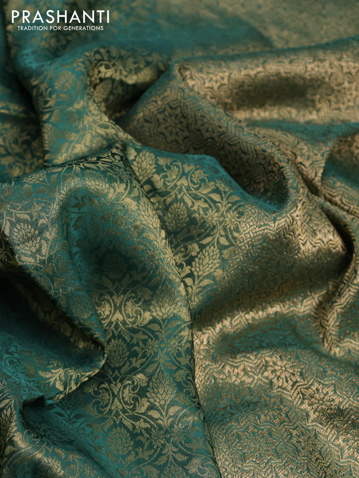 Banarasi semi crepe saree green with allover zari woven brocade weaves and lace work border - Image 3