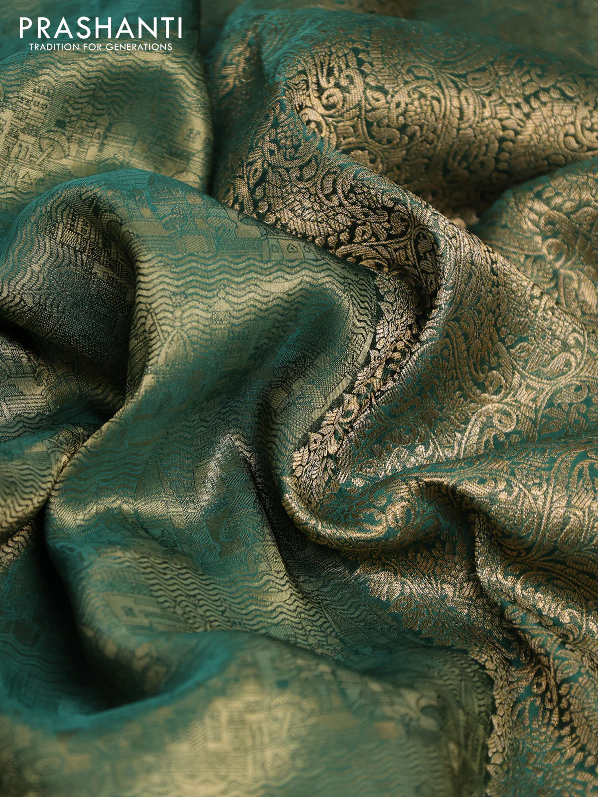 Banarasi semi crepe saree green with allover zari woven brocade weaves and lace work border - Image 3