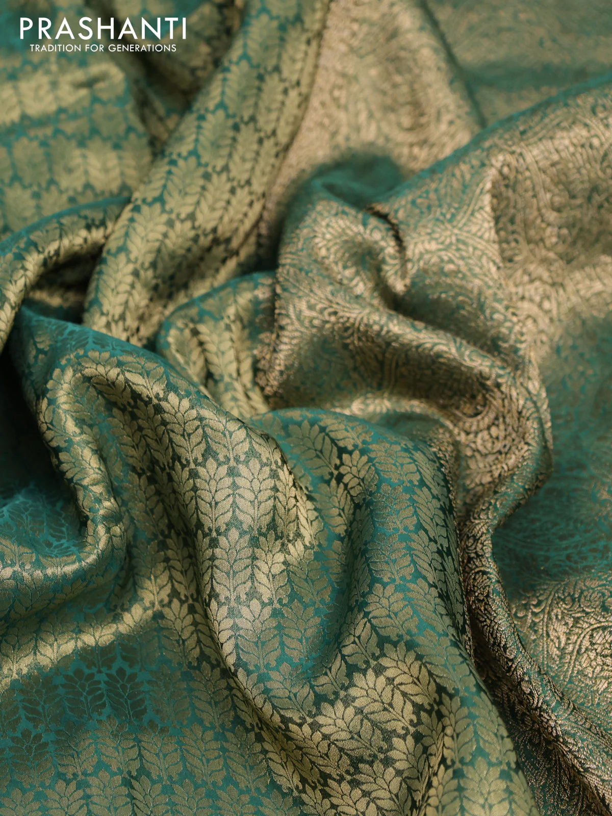 Banarasi semi crepe saree green with allover zari woven brocade weaves and lace work border - Image 3