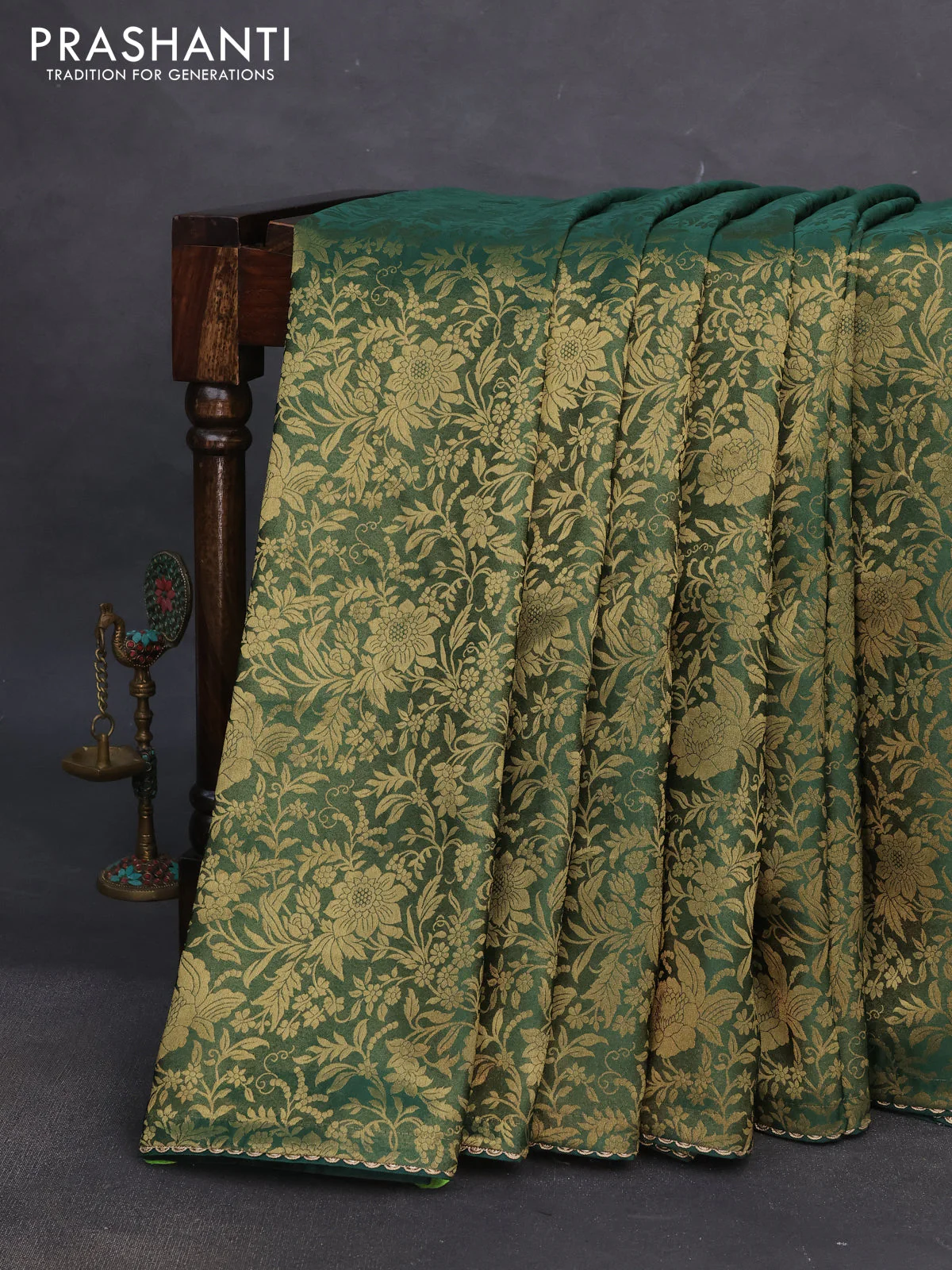 Banarasi semi crepe saree green with allover zari woven brocade weaves and lace work border