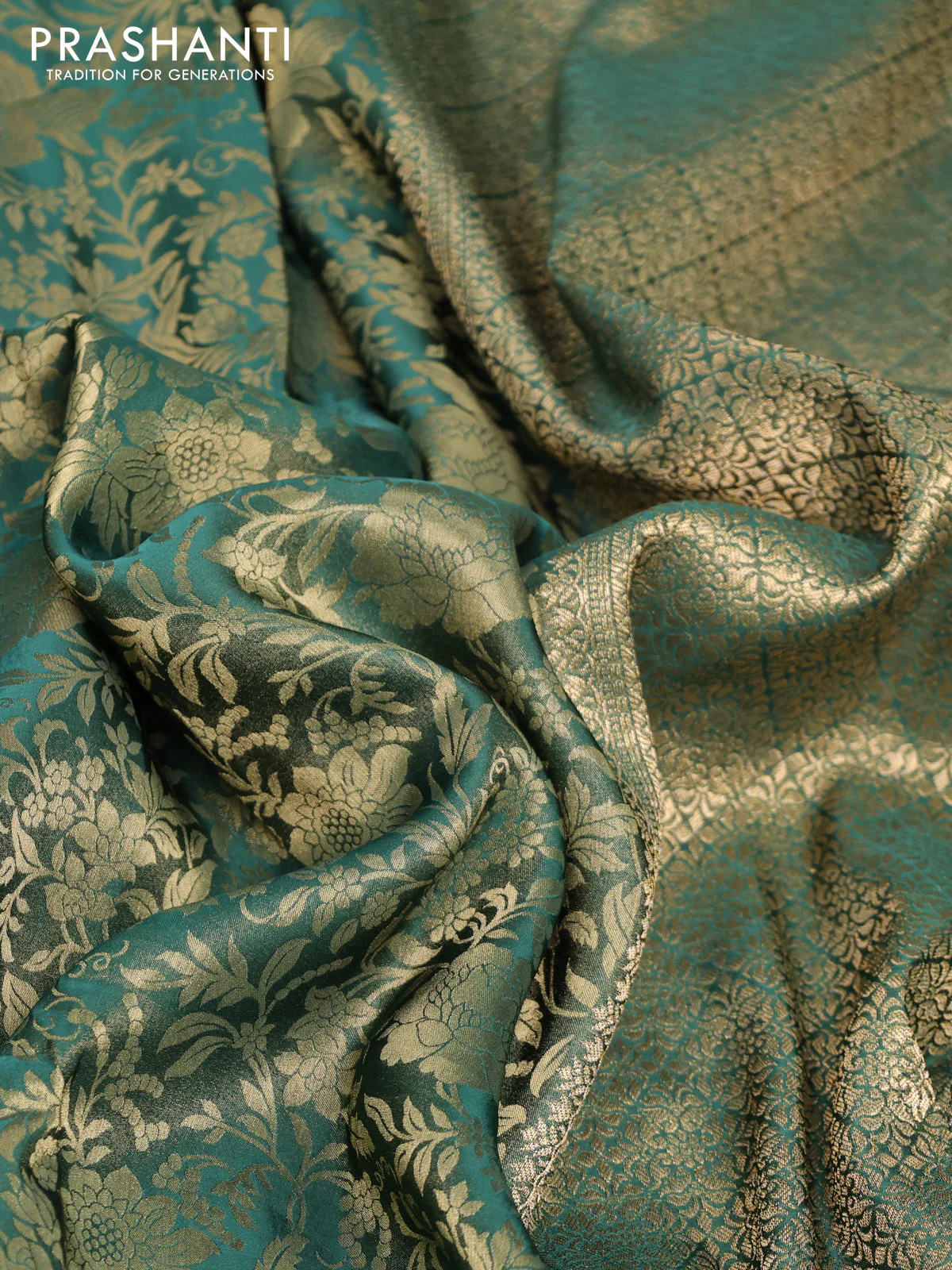 Banarasi semi crepe saree green with allover zari woven brocade weaves and lace work border - Image 3