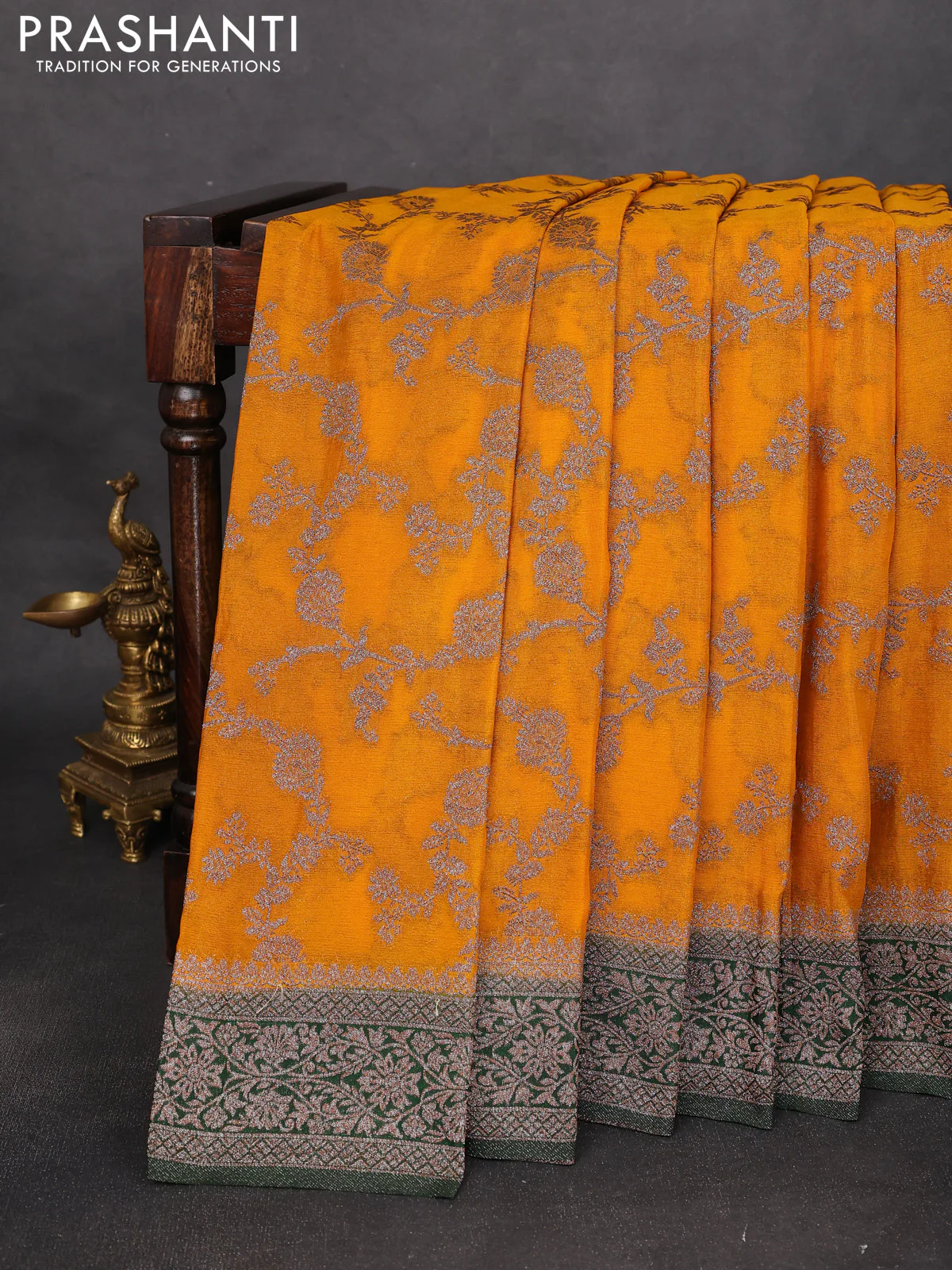 Banarasi semi crepe saree mango yellow and bottle green with allover thread & zari weaves and woven border