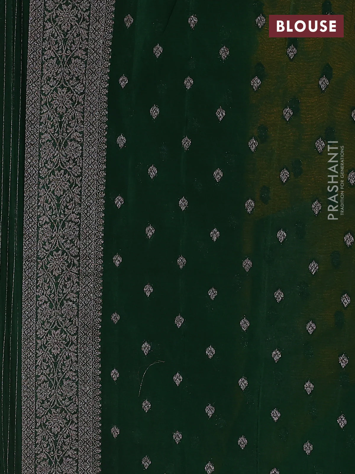 Banarasi semi crepe saree mango yellow and bottle green with allover thread & zari weaves and woven border - Image 3