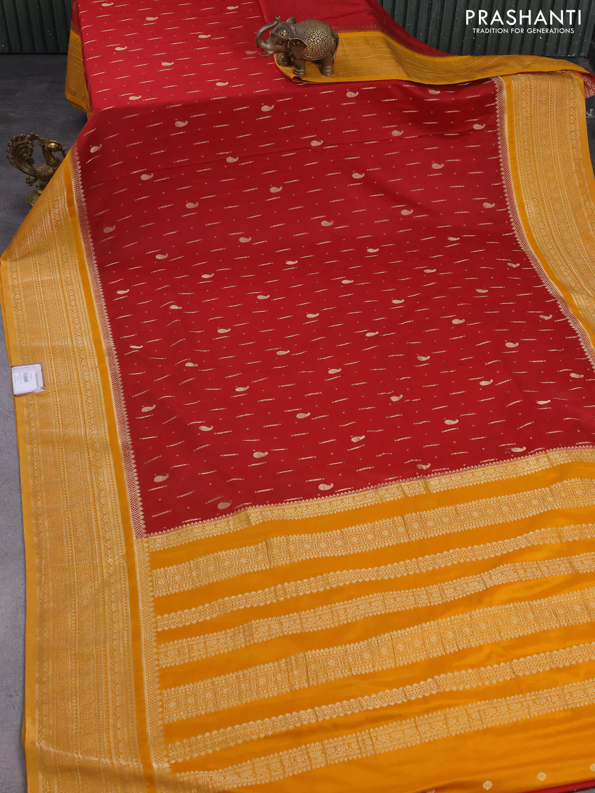 Banarasi semi crepe saree maroon and mango yellow with allover zari woven butta weaves and long zari woven border - Image 2