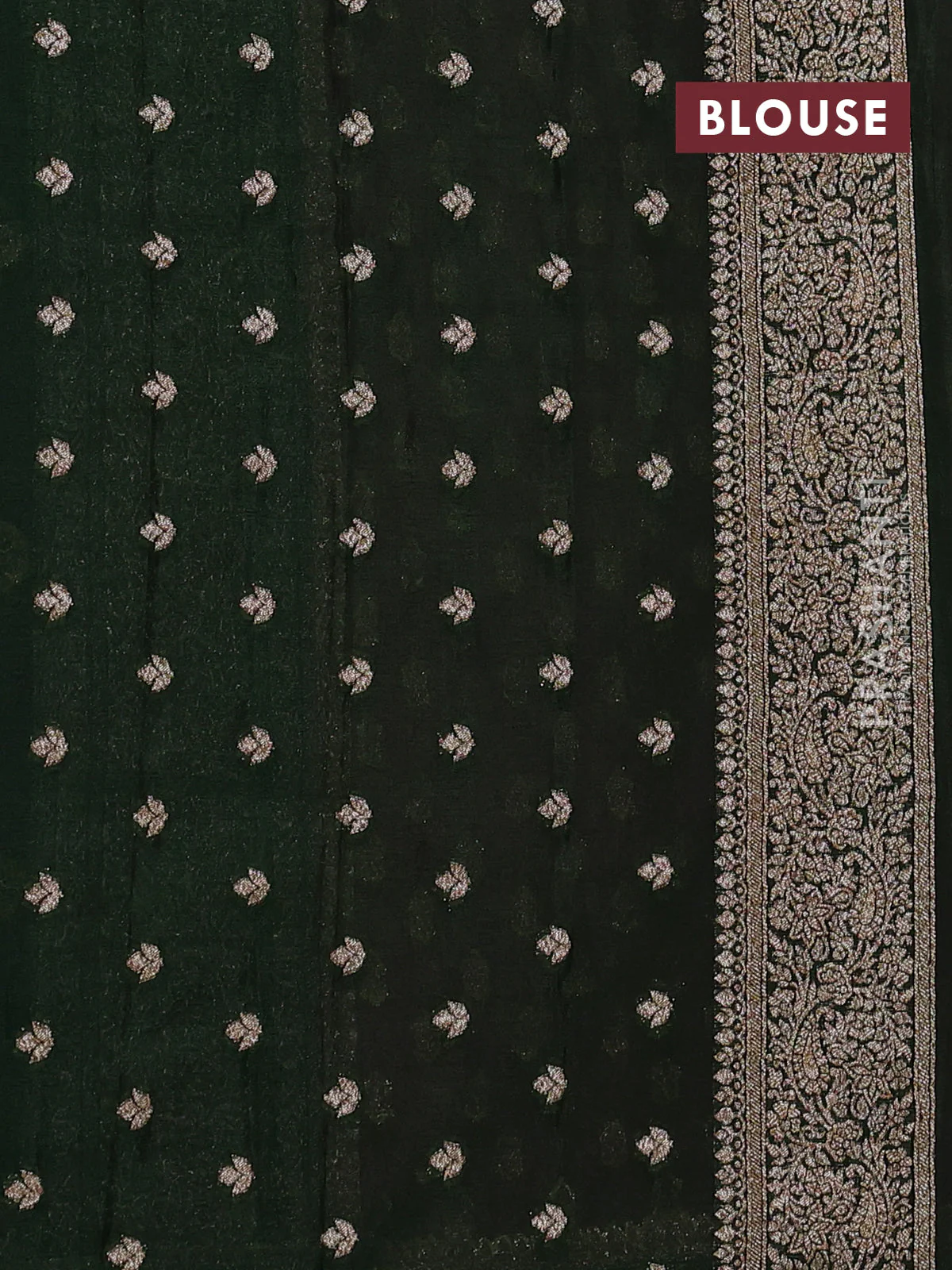 Banarasi semi crepe saree mauve pink and bottle green with allover thread & zari woven buttas and woven border - Image 3