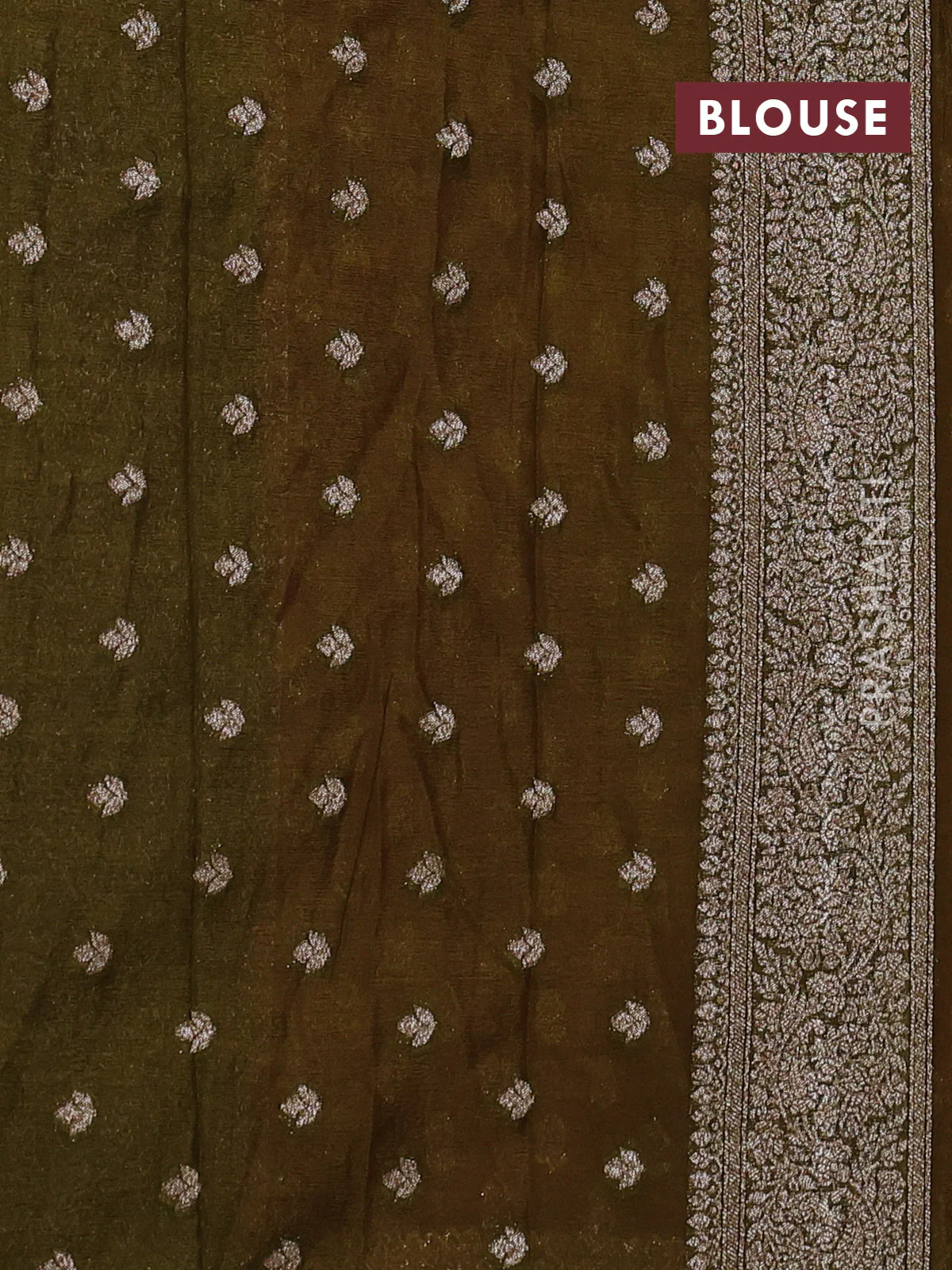 Banarasi semi crepe saree mauve pink and mehendi green with allover thread & zari woven buttas and woven border - Image 3