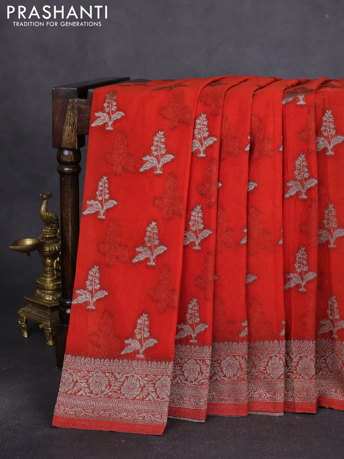 Banarasi semi crepe saree orange with allover thread & zari woven buttas and zari woven border