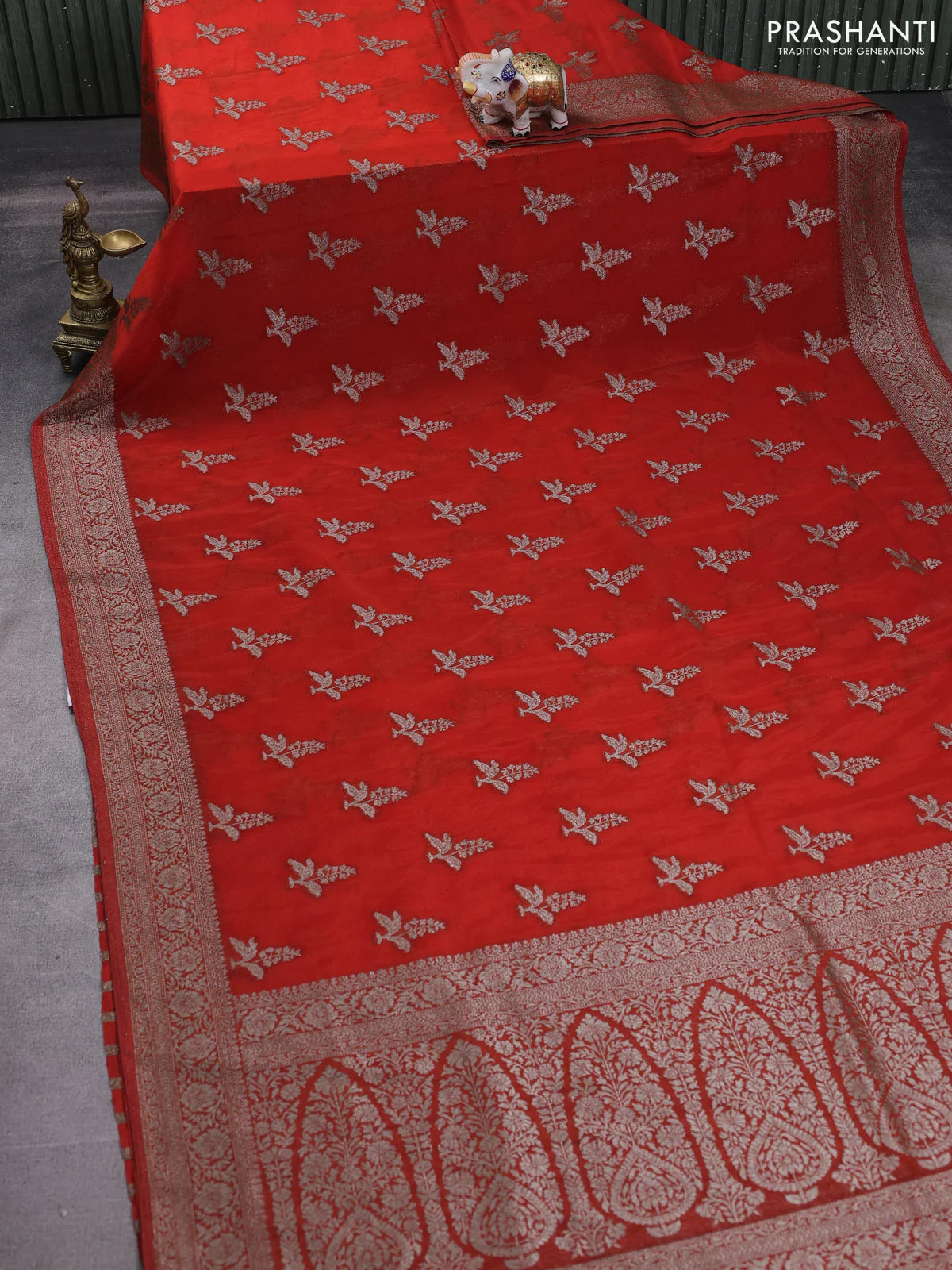 Banarasi semi crepe saree orange with allover thread & zari woven buttas and zari woven border - Image 2