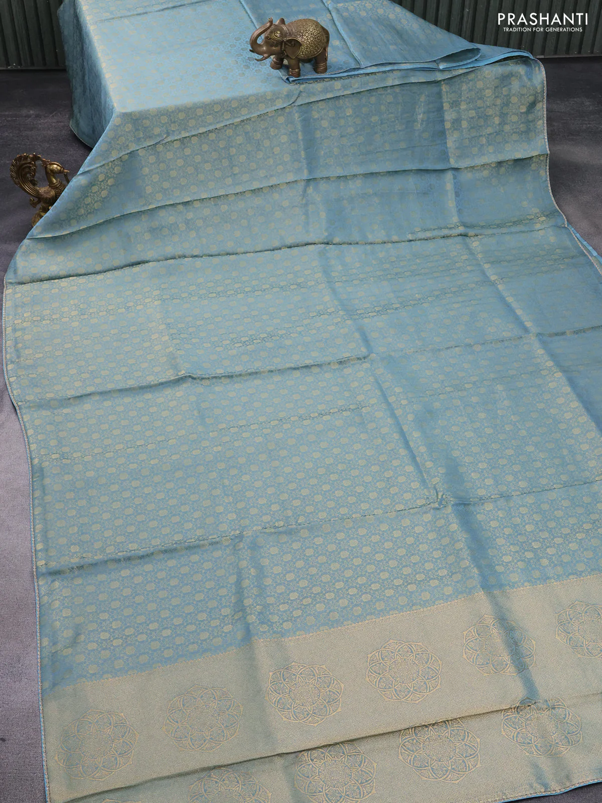 Banarasi semi crepe saree pastel blue shade with allover zari woven brocade weaves and lace work border - Image 2