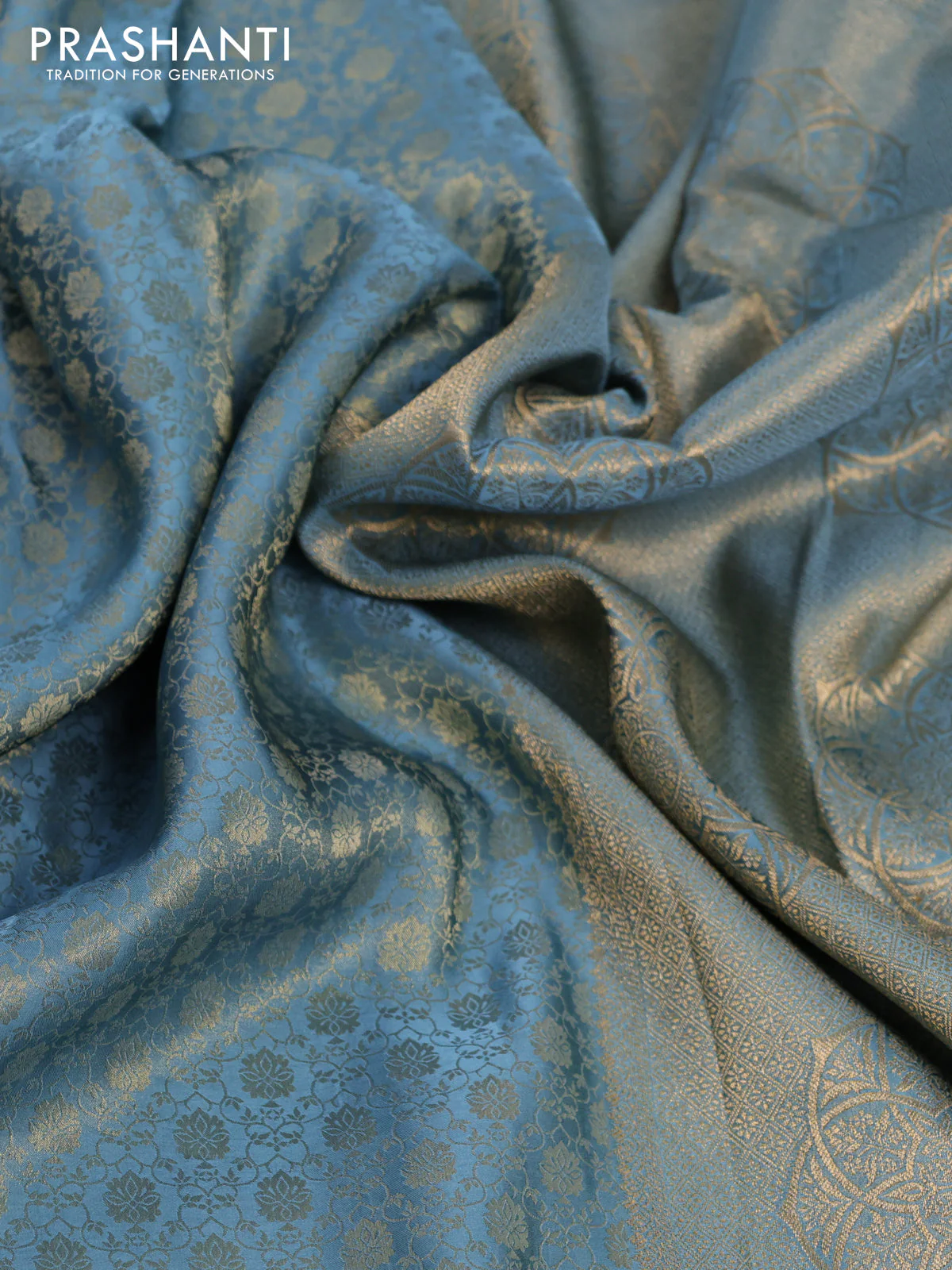 Banarasi semi crepe saree pastel blue shade with allover zari woven brocade weaves and lace work border - Image 3