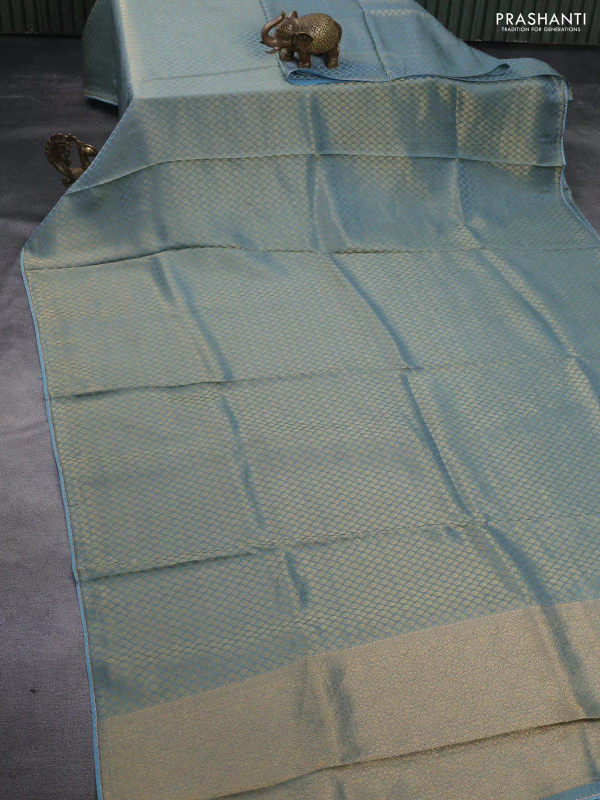 Banarasi semi crepe saree pastel blue with allover zari woven brocade weaves and lace work border - Image 2