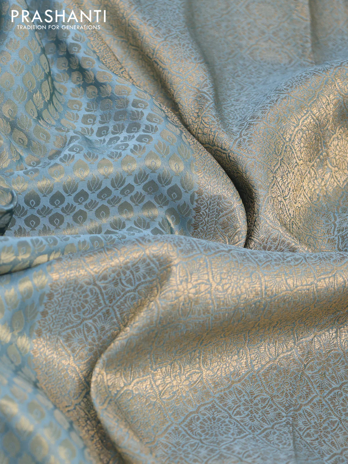 Banarasi semi crepe saree pastel blue with allover zari woven brocade weaves and lace work border - Image 3