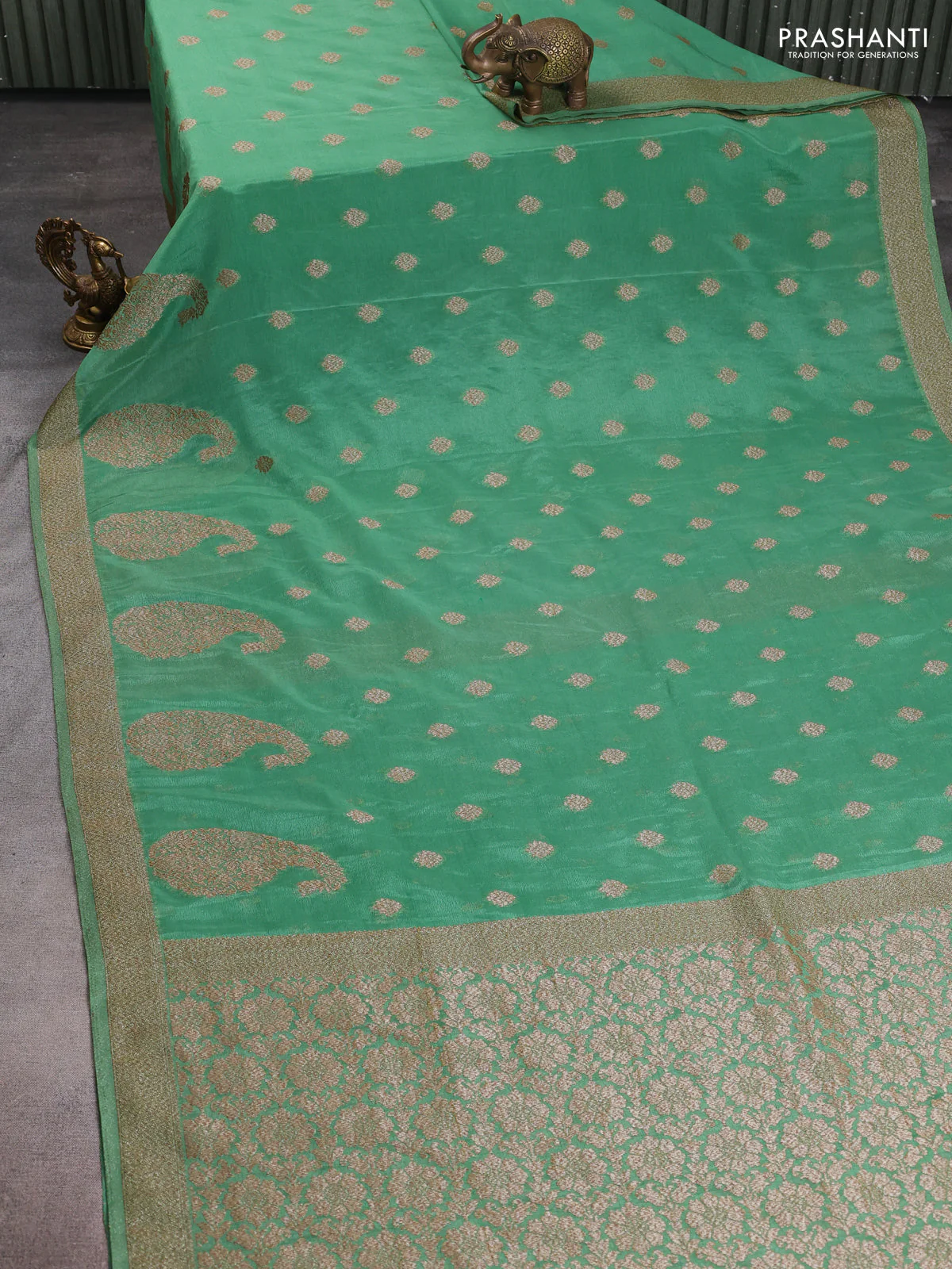 Banarasi semi crepe saree pastel green with allover thread & zari woven buttas and zari woven border - Image 2