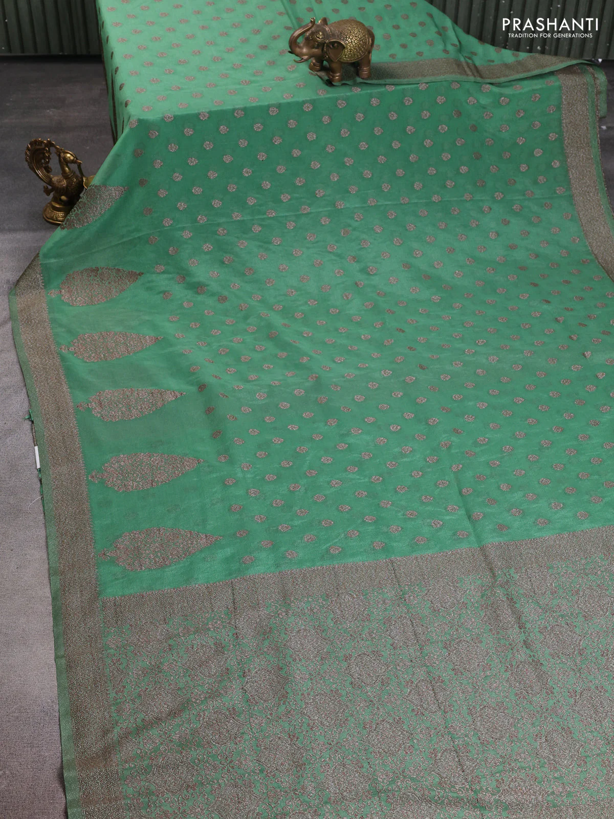 Banarasi semi crepe saree pastel green with allover thread & zari woven buttas and zari woven border - Image 2