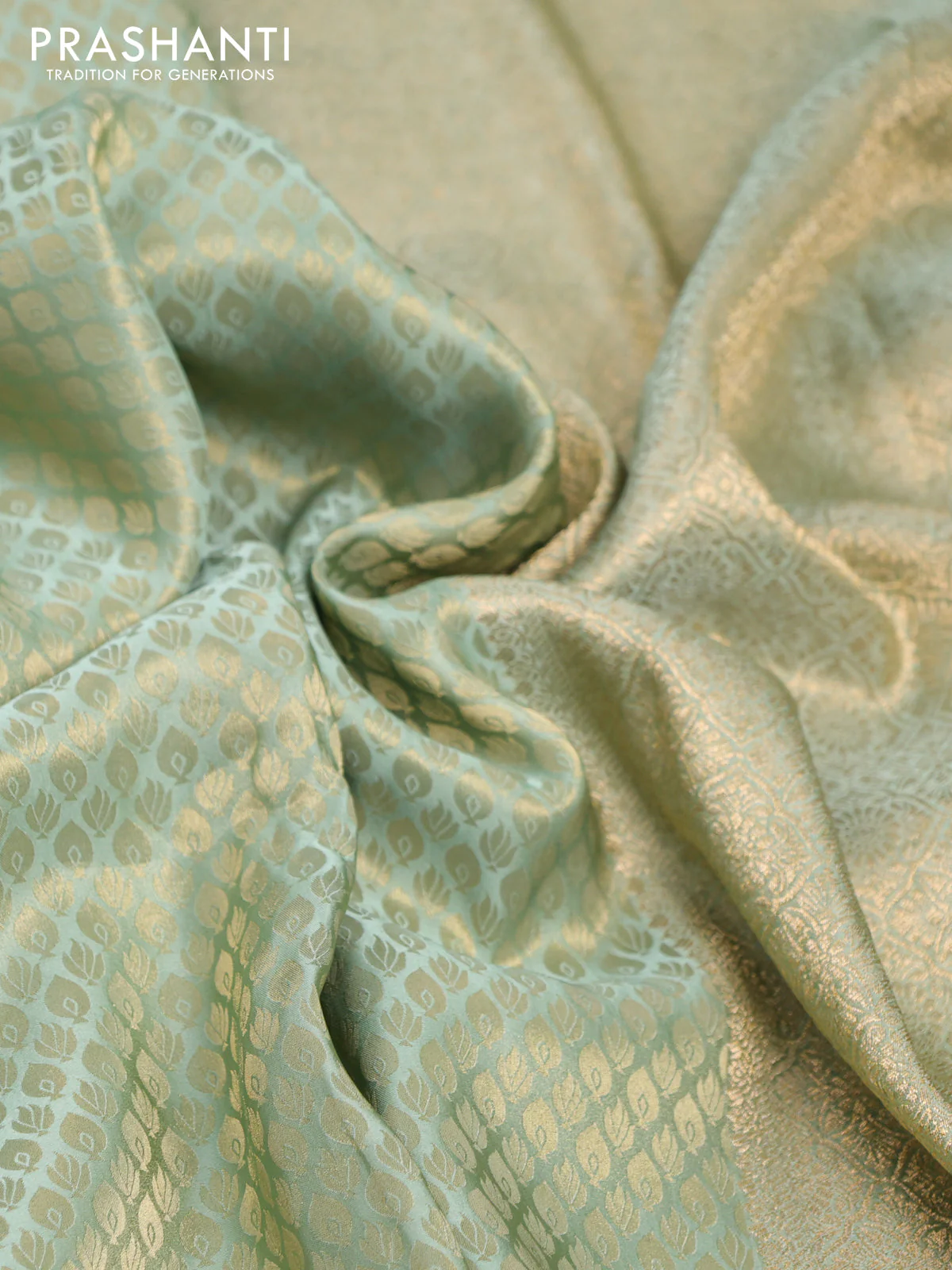 Banarasi semi crepe saree pastel green with allover zari woven brocade weaves and lace work border - Image 3