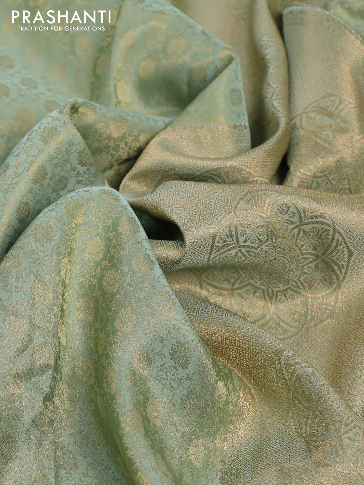 Banarasi semi crepe saree pastel green with allover zari woven brocade weaves and lace work border - Image 3