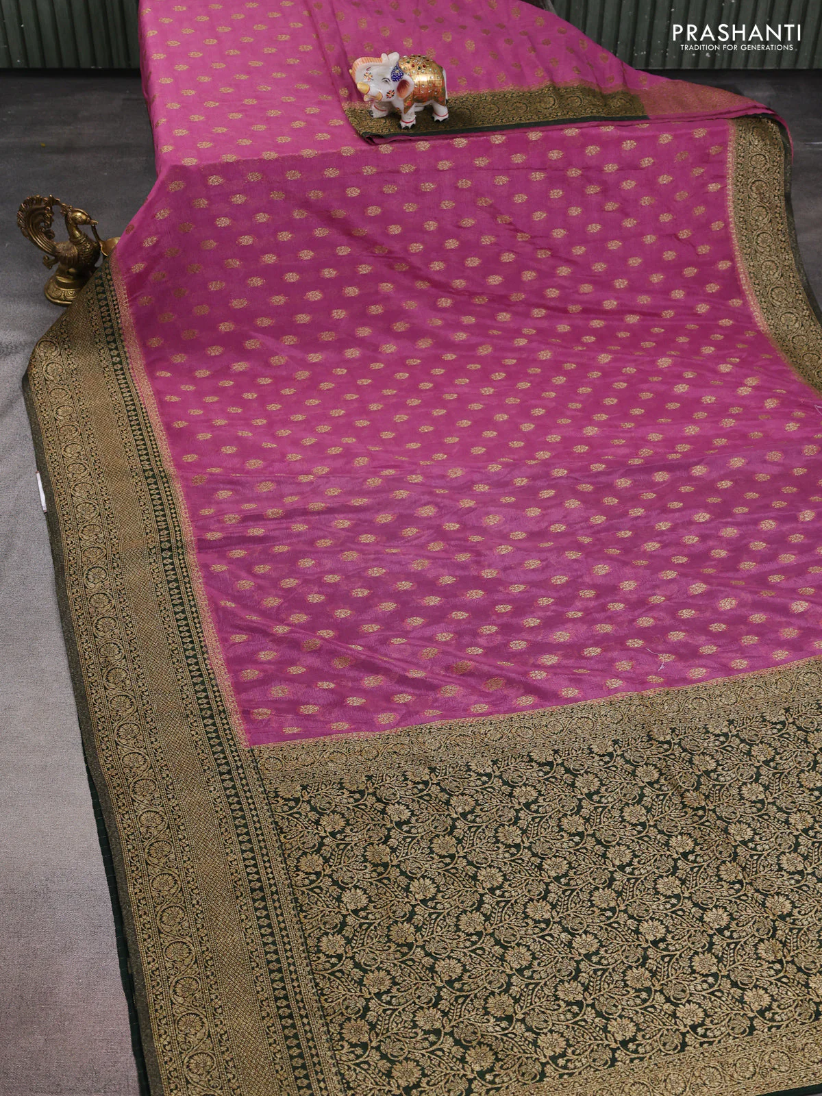 Banarasi semi crepe saree pastel pink and bottle green with allover thread & zari woven buttas and woven border - Image 2