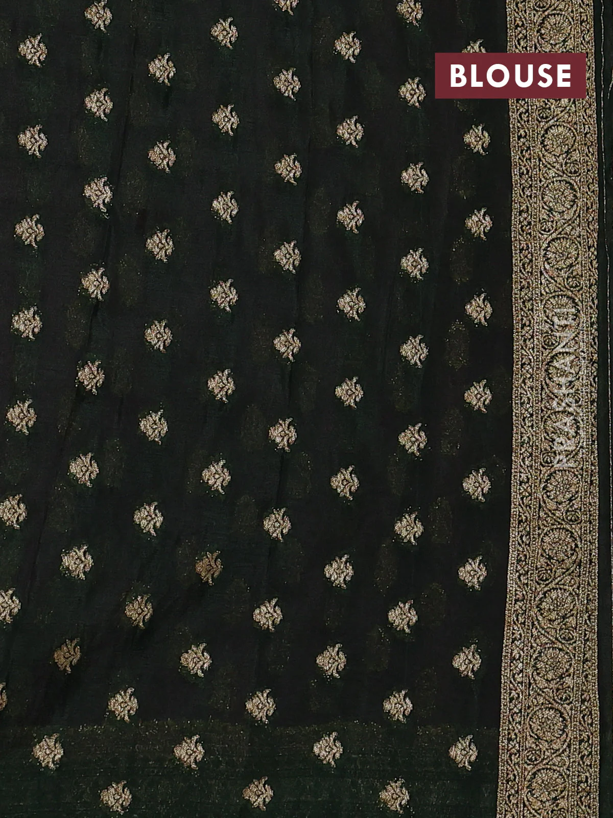 Banarasi semi crepe saree pastel pink and bottle green with allover thread & zari woven buttas and woven border - Image 3