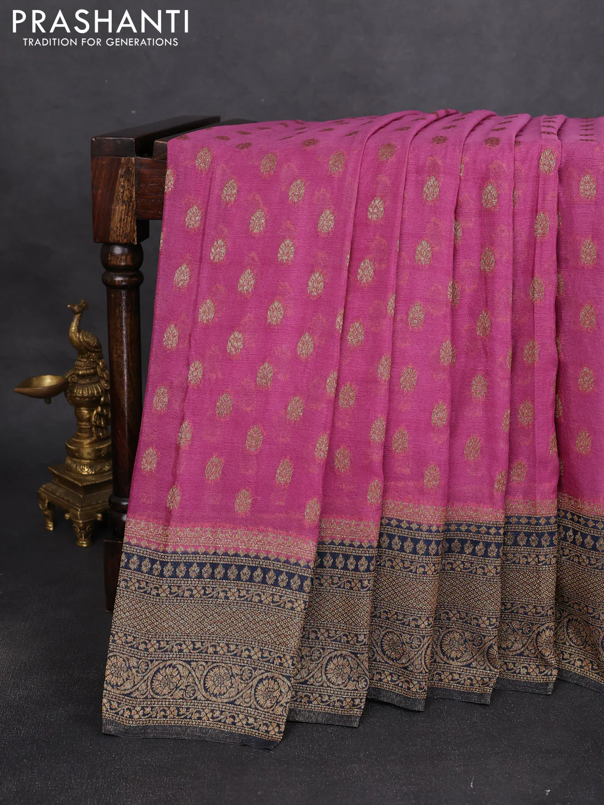 Banarasi semi crepe saree pastel pink and peacock blue with allover thread & zari woven buttas and woven border