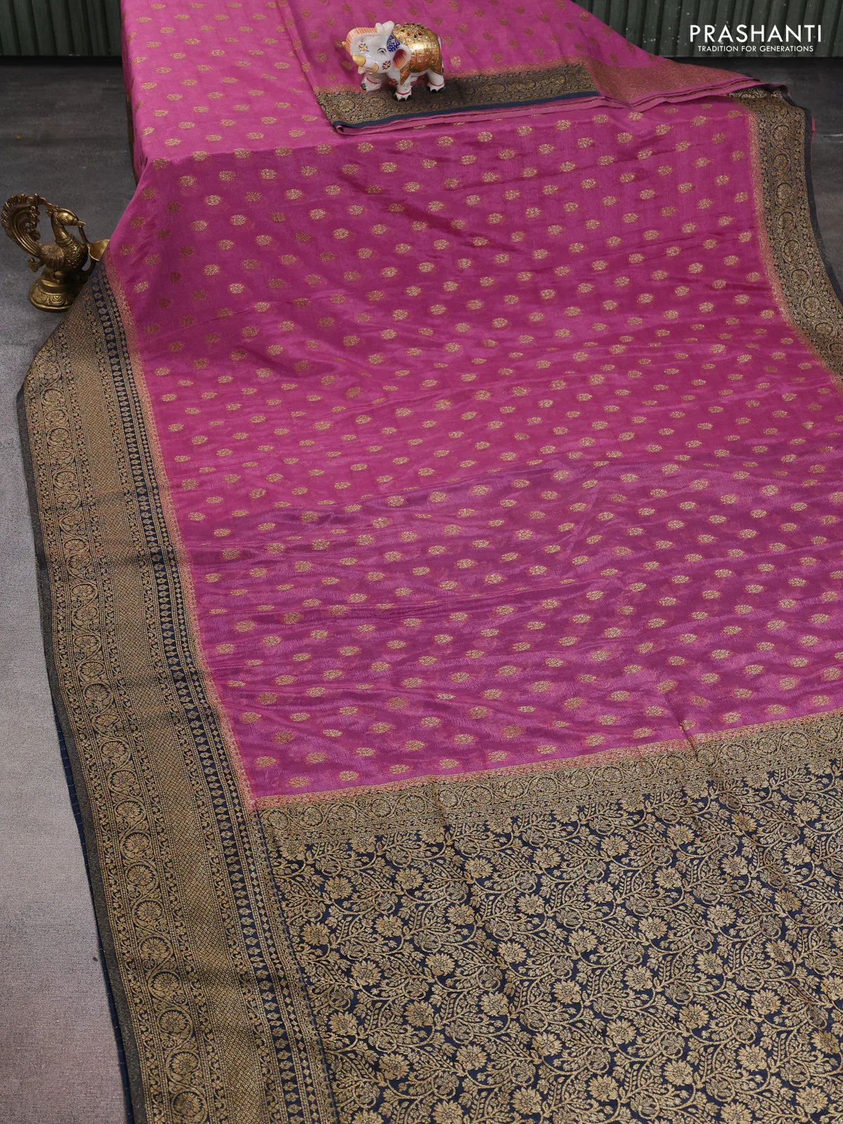 Banarasi semi crepe saree pastel pink and peacock blue with allover thread & zari woven buttas and woven border - Image 2