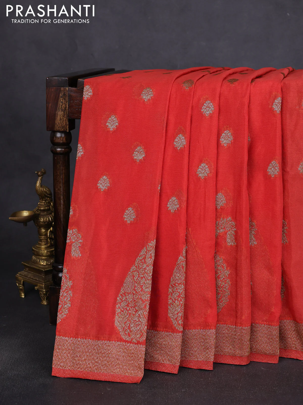 Banarasi semi crepe saree peach orange with allover thread & zari woven buttas and zari woven border