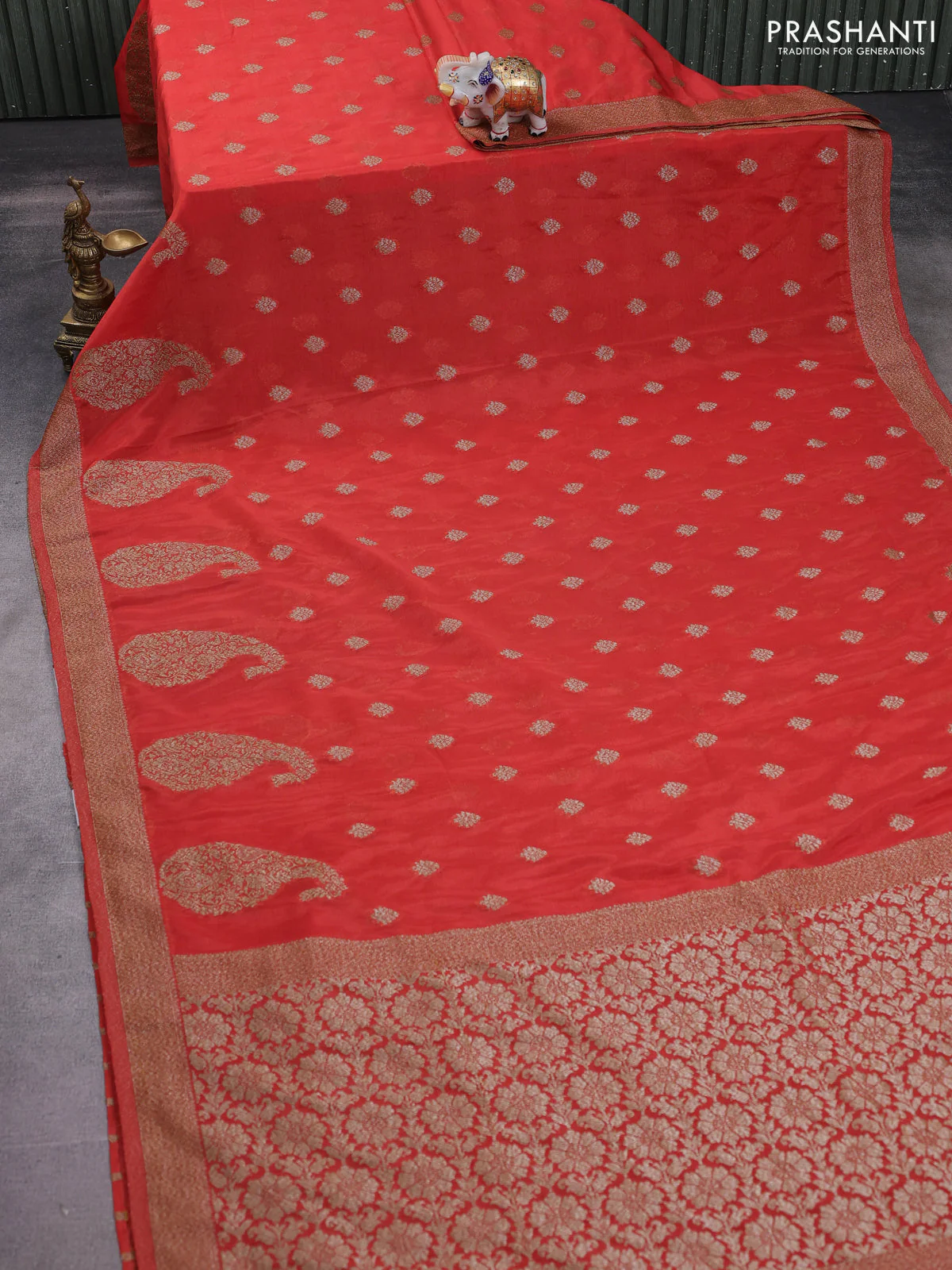 Banarasi semi crepe saree peach orange with allover thread & zari woven buttas and zari woven border - Image 2