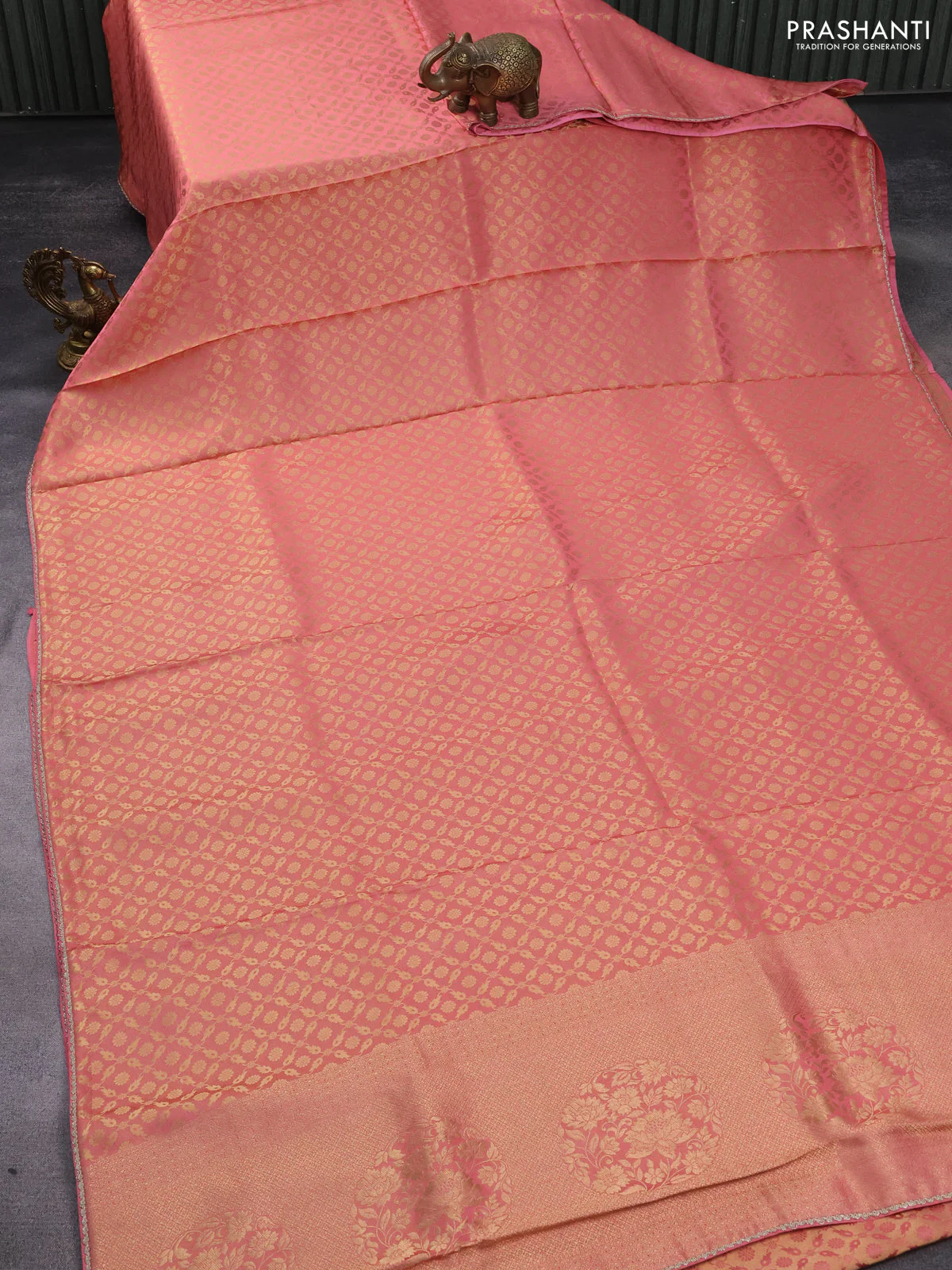 Banarasi semi crepe saree peach pink with allover zari woven brocade weaves and lace work border - Image 2