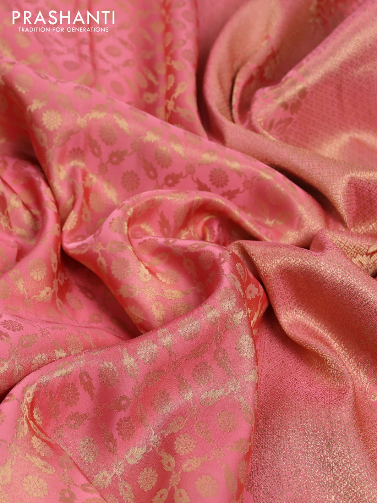 Banarasi semi crepe saree peach pink with allover zari woven brocade weaves and lace work border - Image 3