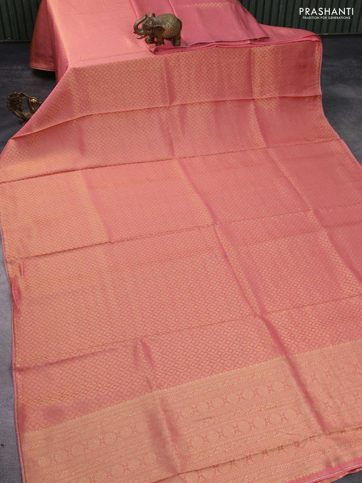 Banarasi semi crepe saree peach pink with allover zari woven brocade weaves and lace work border - Image 2