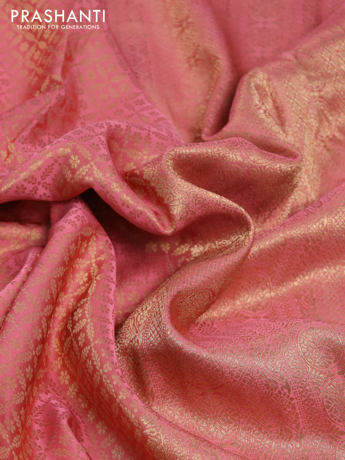 Banarasi semi crepe saree peach pink with allover zari woven brocade weaves and lace work border - Image 3