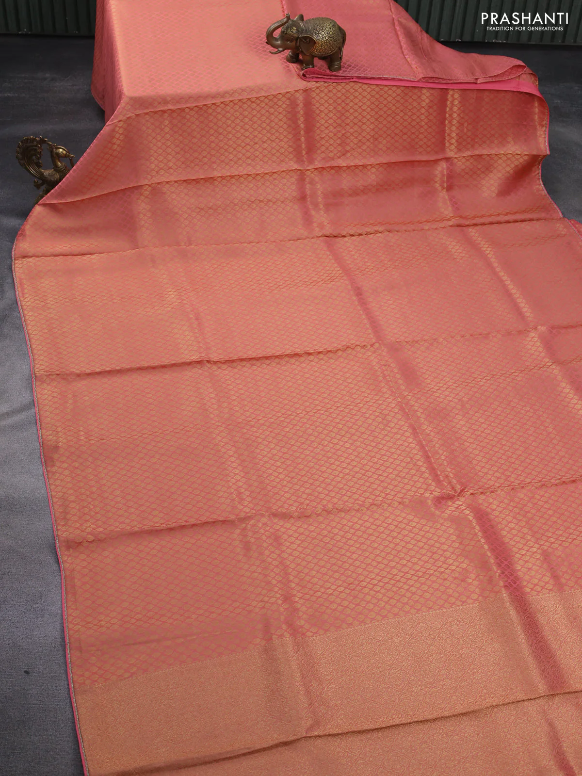 Banarasi semi crepe saree peach pink with allover zari woven brocade weaves and lace work border - Image 2
