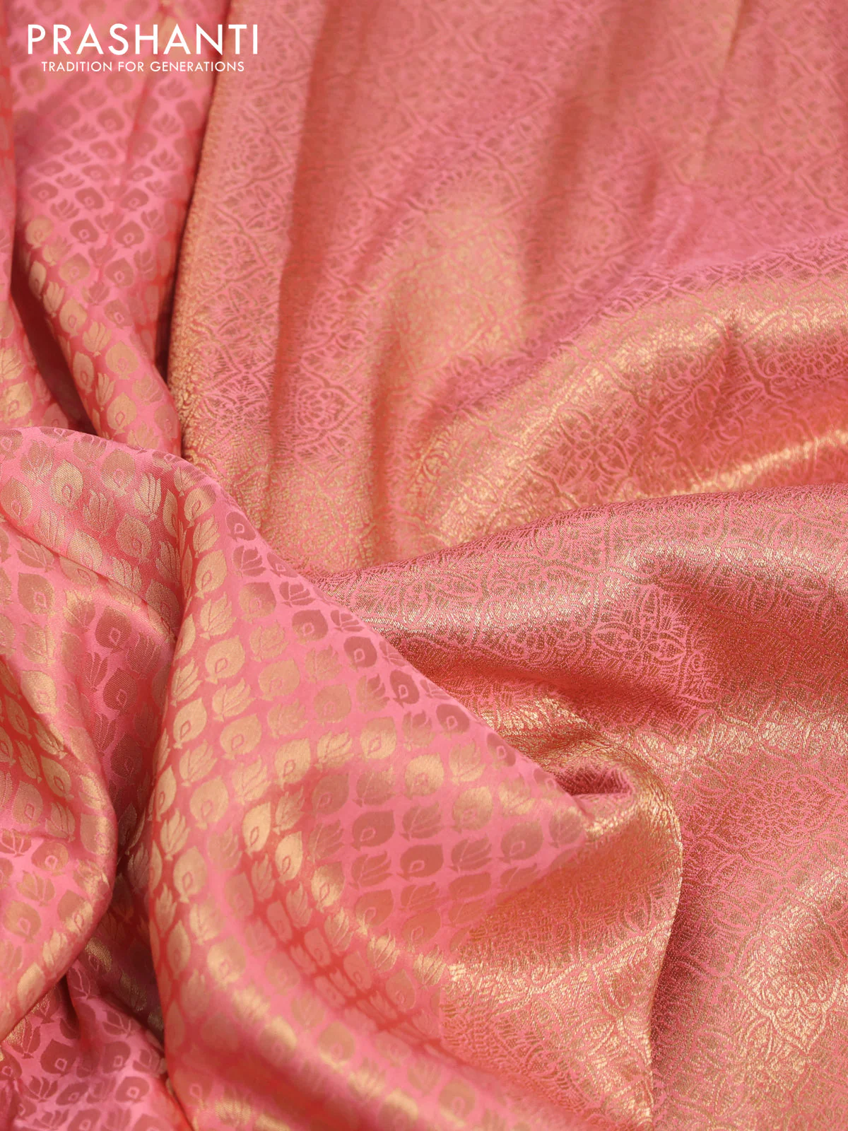 Banarasi semi crepe saree peach pink with allover zari woven brocade weaves and lace work border - Image 3