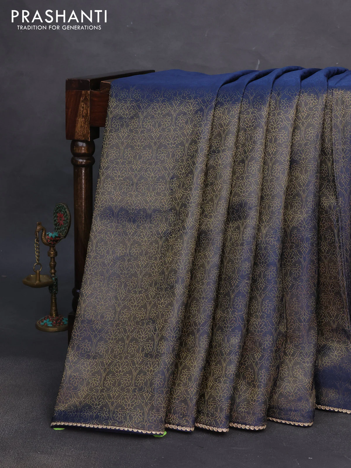 Banarasi semi crepe saree peacock blue with allover zari woven brocade weaves and lace work border
