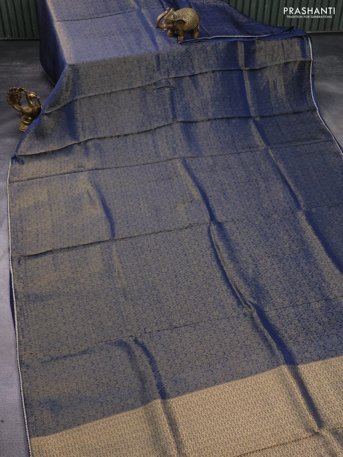 Banarasi semi crepe saree peacock blue with allover zari woven brocade weaves and lace work border - Image 2