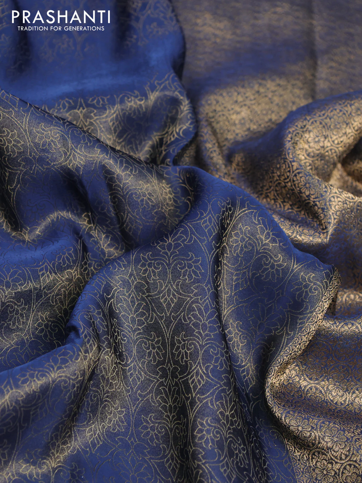 Banarasi semi crepe saree peacock blue with allover zari woven brocade weaves and lace work border - Image 3