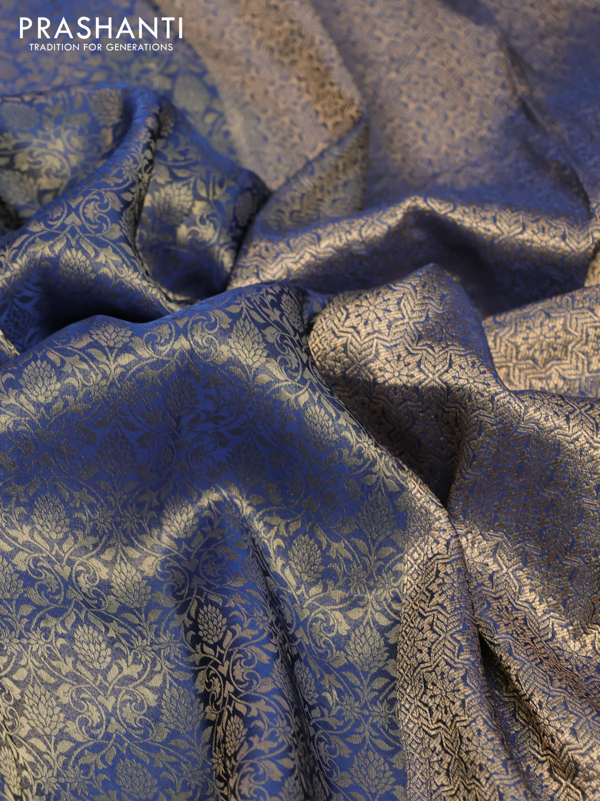 Banarasi semi crepe saree peacock blue with allover zari woven brocade weaves and lace work border - Image 3