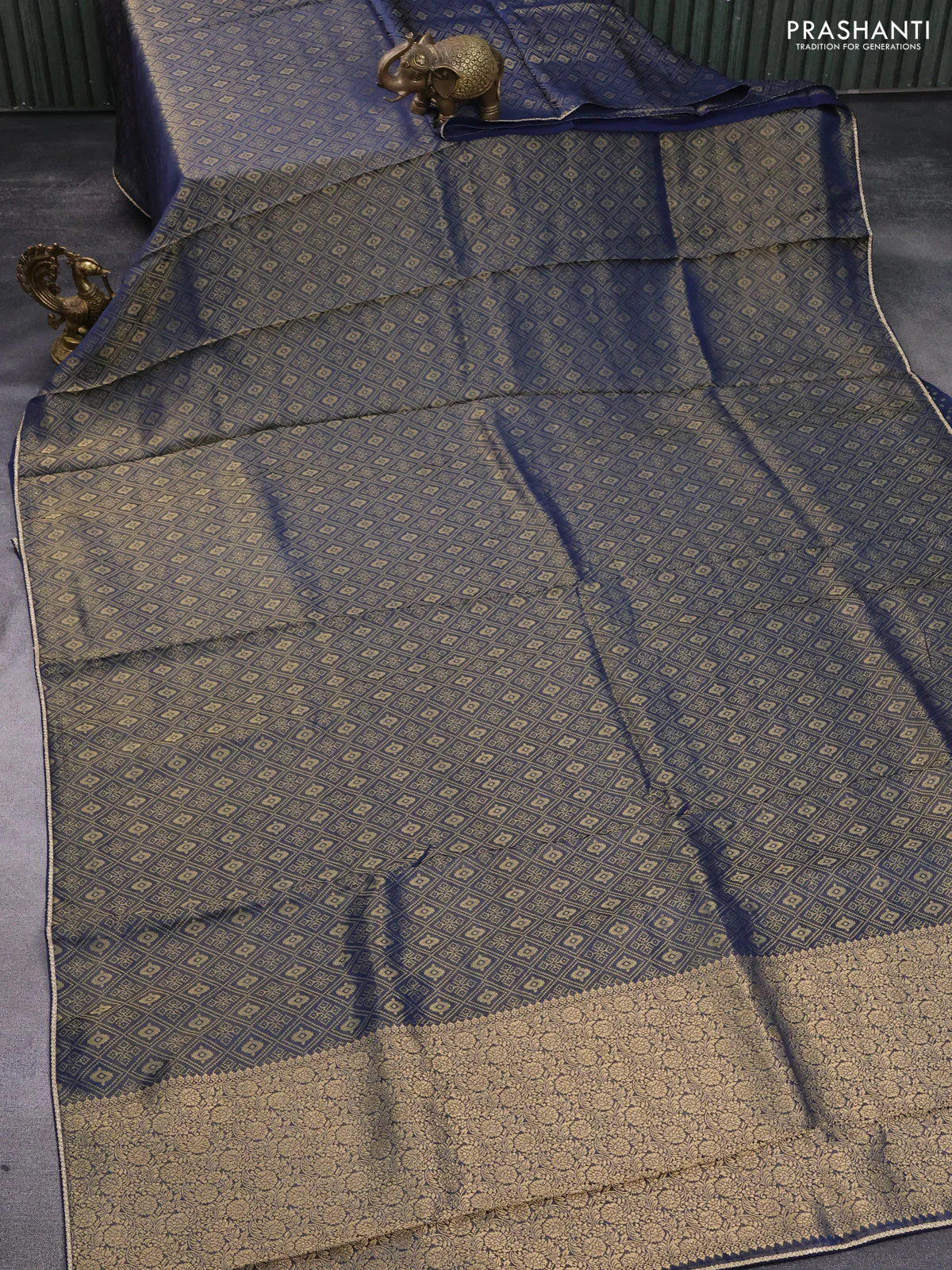 Banarasi semi crepe saree peacock blue with allover zari woven brocade weaves and lace work border - Image 2