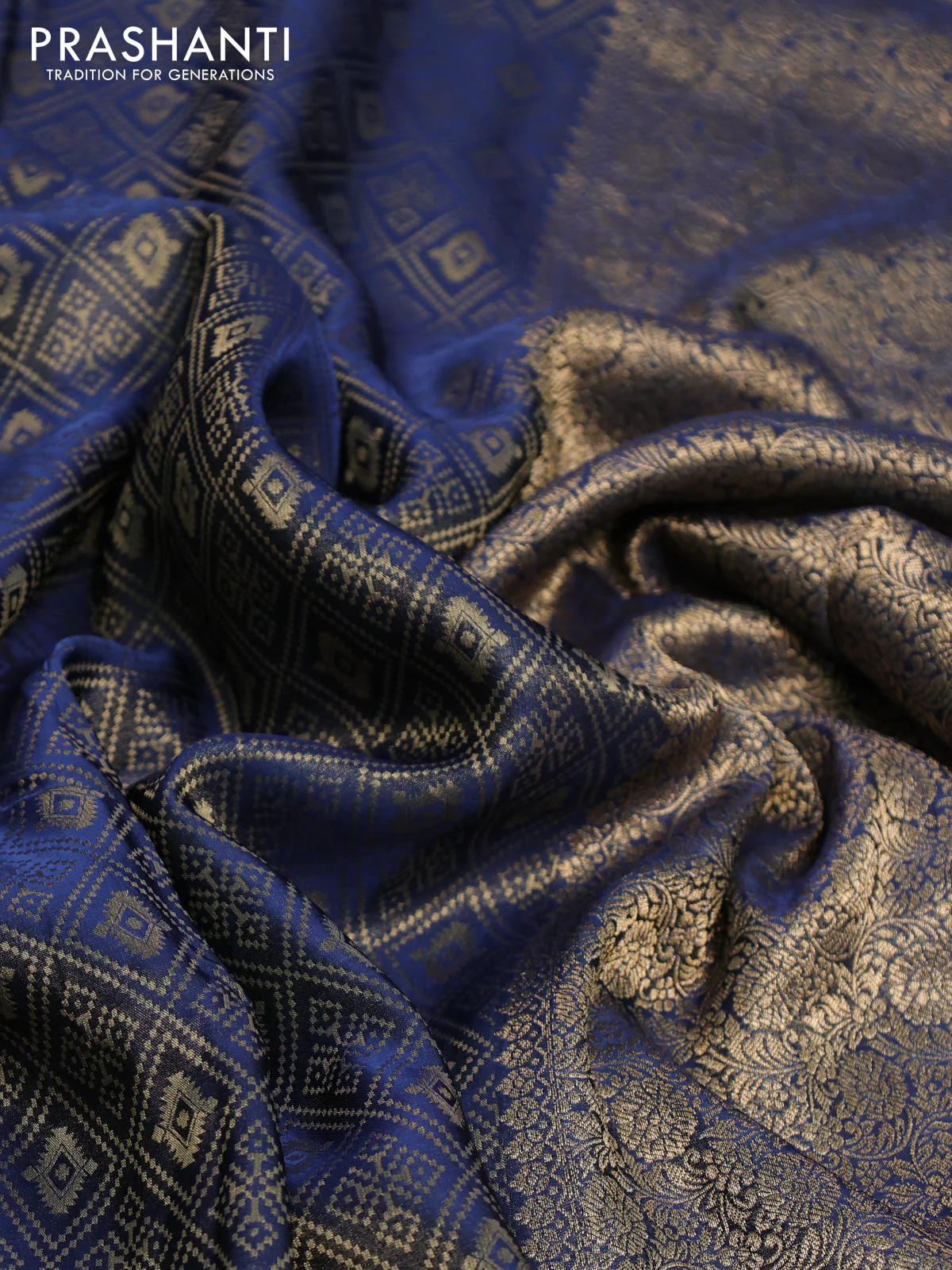 Banarasi semi crepe saree peacock blue with allover zari woven brocade weaves and lace work border - Image 3