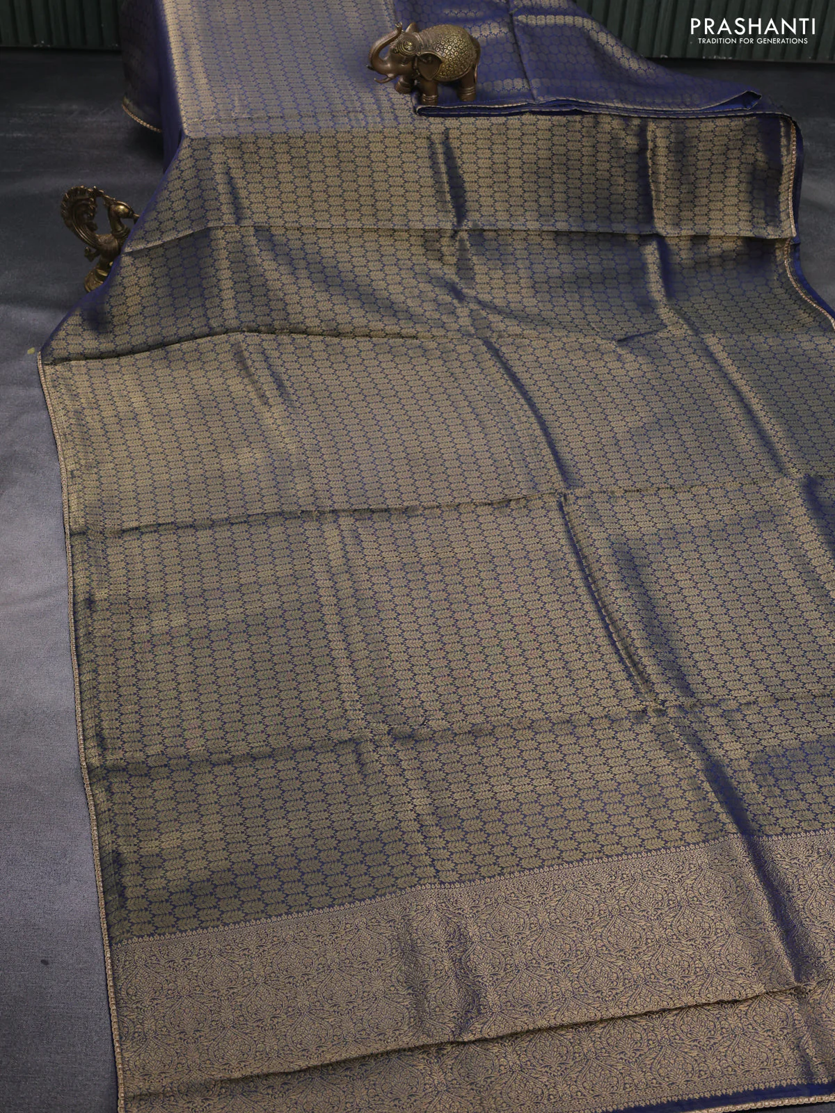 Banarasi semi crepe saree peacock blue with allover zari woven brocade weaves and lace work border - Image 2