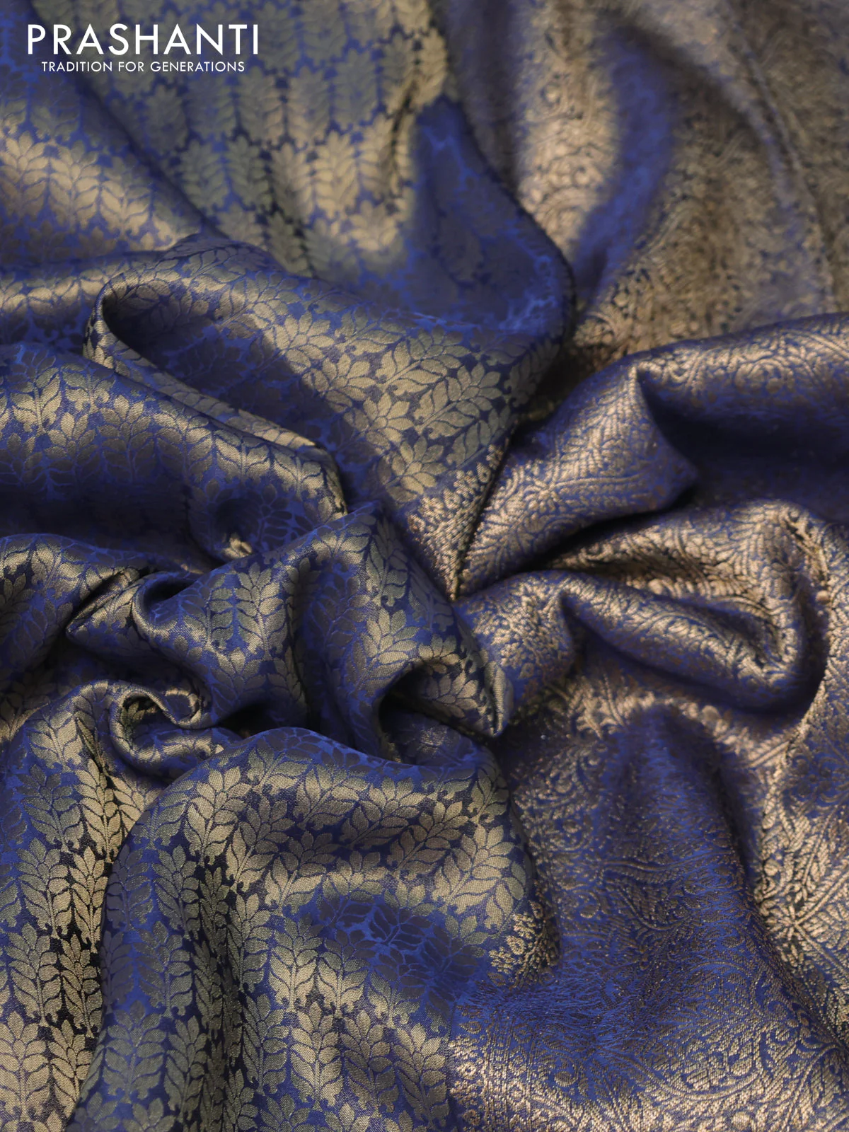 Banarasi semi crepe saree peacock blue with allover zari woven brocade weaves and lace work border - Image 3
