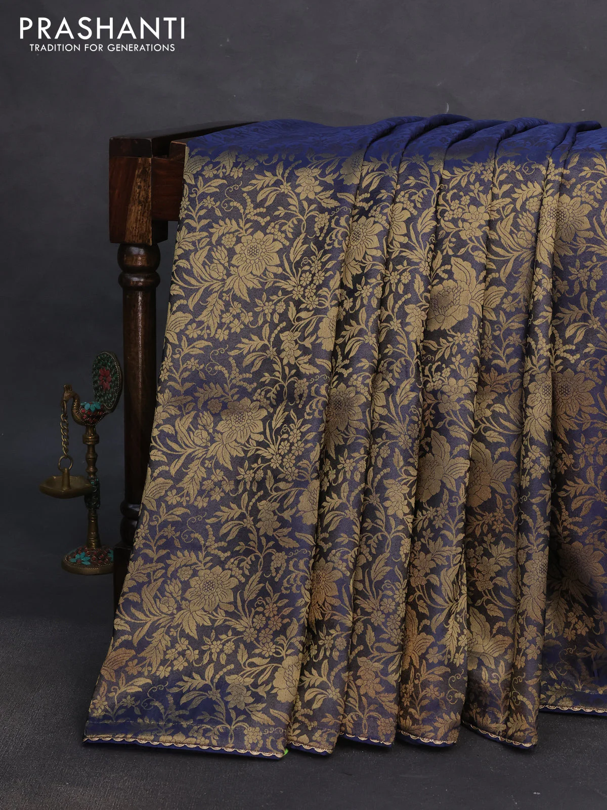 Banarasi semi crepe saree peacock blue with allover zari woven brocade weaves and lace work border