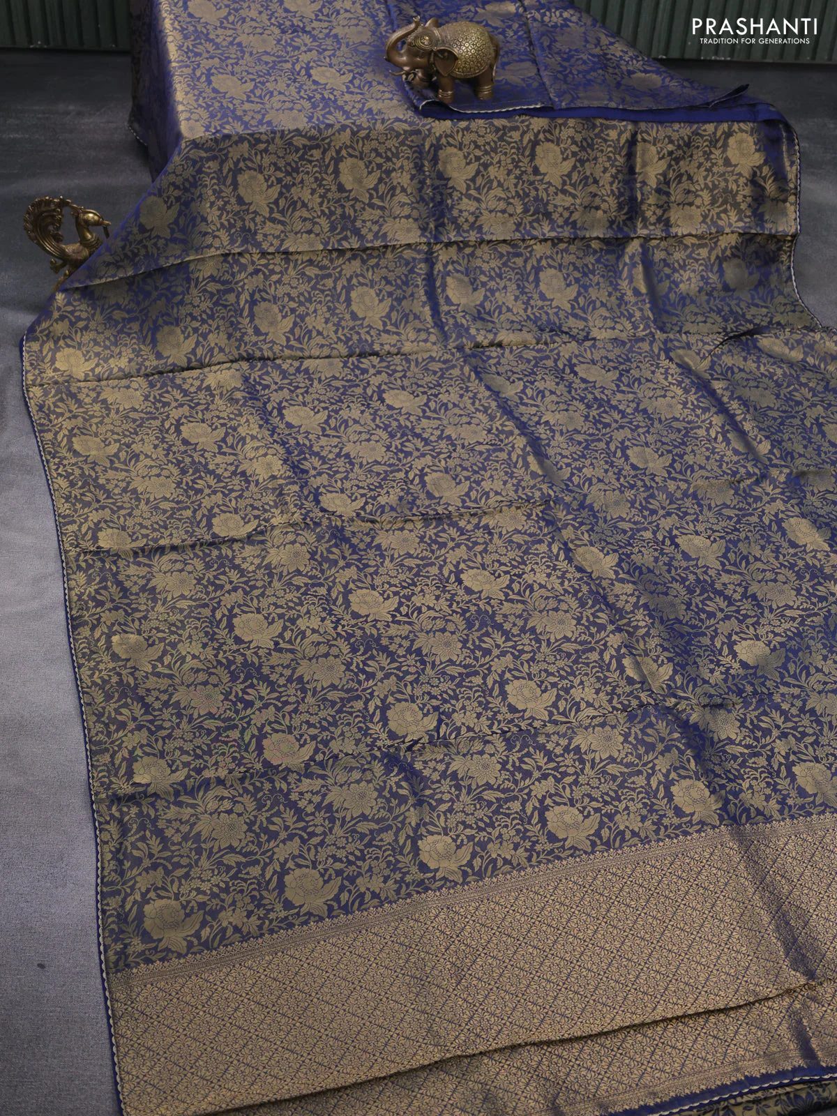 Banarasi semi crepe saree peacock blue with allover zari woven brocade weaves and lace work border - Image 2