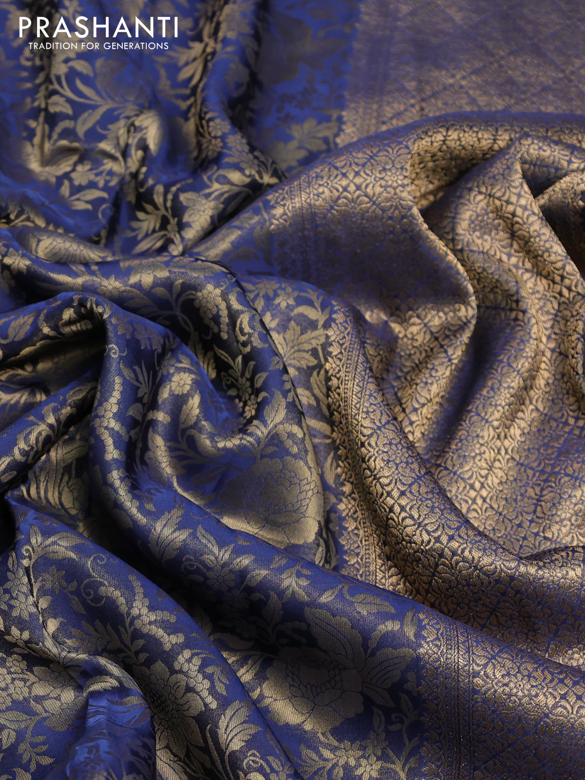 Banarasi semi crepe saree peacock blue with allover zari woven brocade weaves and lace work border - Image 3
